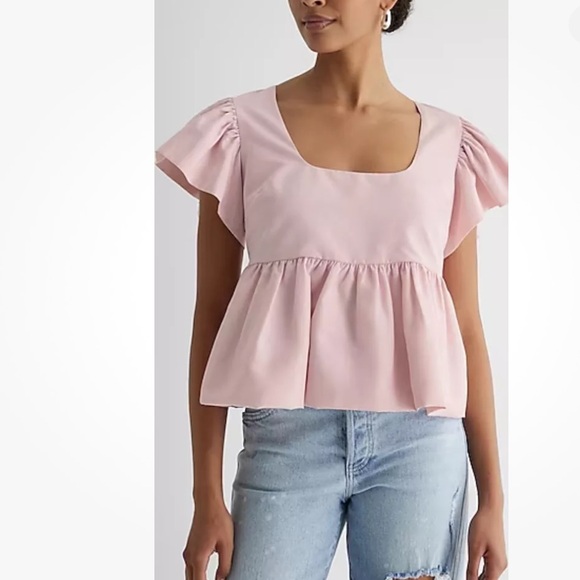 😊 Express Square Neck Flutter Sleeve Peplum Babydoll Top Pastel Pink - Picture 2 of 6